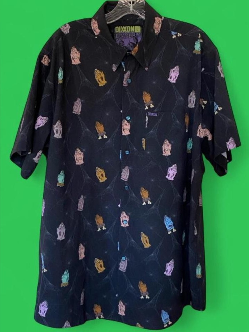 DIXXON Black Short-Sleeve Button-Down with Colorful Zombie Hands Motif